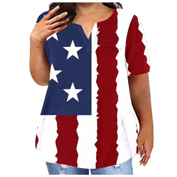 Goodtrade8 Womens Red White and Blue Shirts American Flag Summer Pullover July 4th Casual , Short Sleeve Plus Size Graphic Red White and Blue Fashion Tops for Junior V-Neck