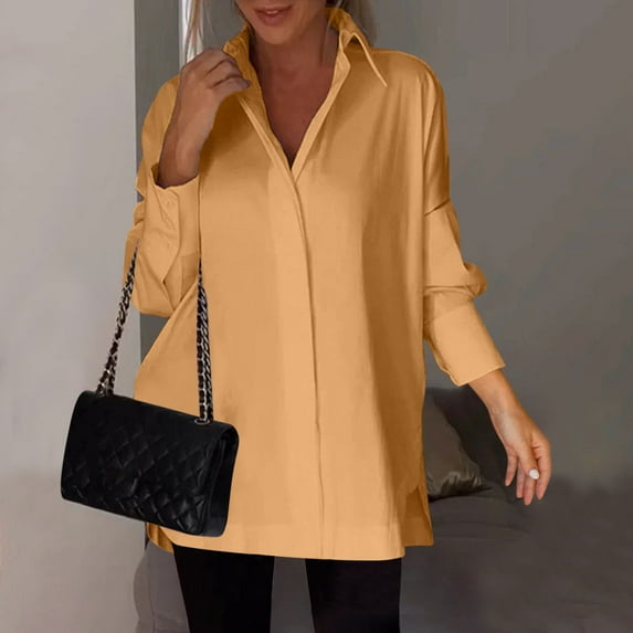 Goodtrade8 Womens Shirts Length Plus Size Solid Color Collared Long Sleeve Casual Women's Tops