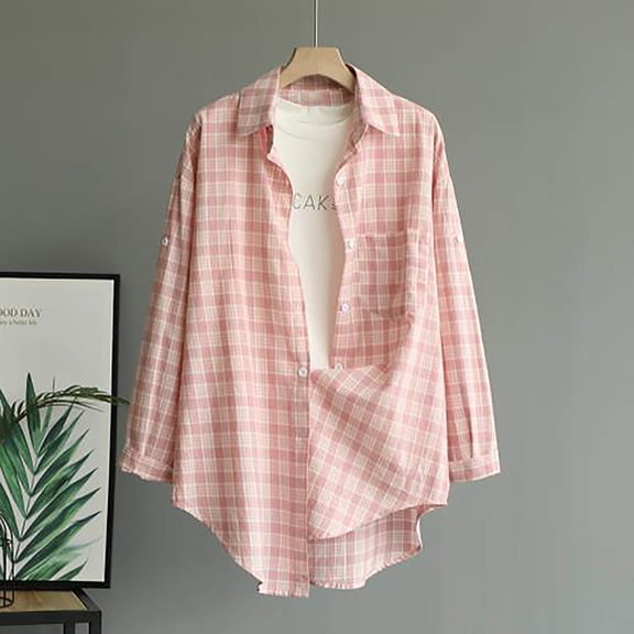 Goodtrade8 Womens Shirts Lightweight Plaid Loose Casual Collared Long Sleeve Women's Tops