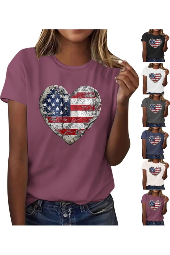 Womens Short Sleeve Shirts Summer 4th of July Pullover USA Years Anniversary Red White and Blue Crew Neck Casual Graphic Fashion Shirts for Women Independence Day