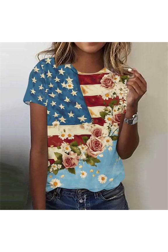 Womens Short Sleeve T Shirts Summer Red White and Blue Pullover July 4th American Flag Graphic Casual , Red White and Blue Crew Neck Tops for Women Fashion
