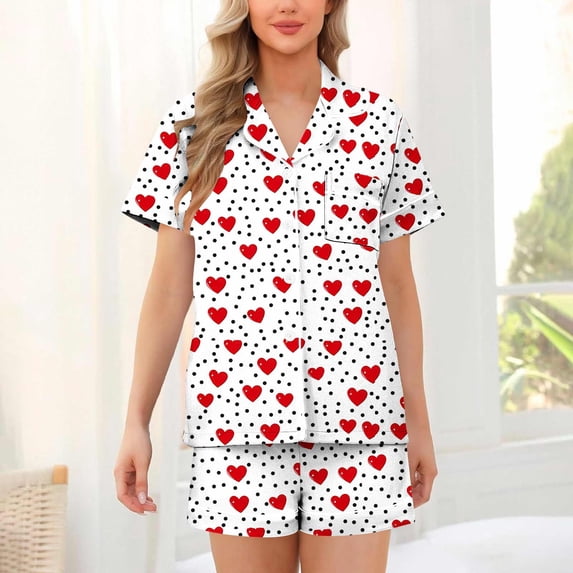 Goodtrade8 Womens Shorts & Tops PJS Button up 2 Pieces Homewear Short Sleeve Casual Heart Print Summer Loungewear Homewear Pockets Pajamas Set for Women PJS