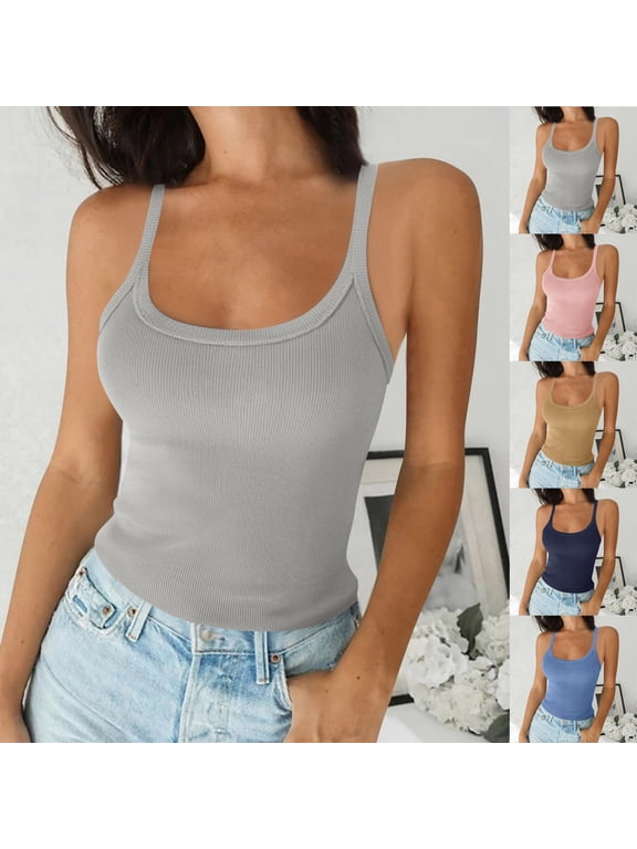 Womens Solid Tank Sleeveless U-Neck Base Shirt Summer Casual Workout Tees
