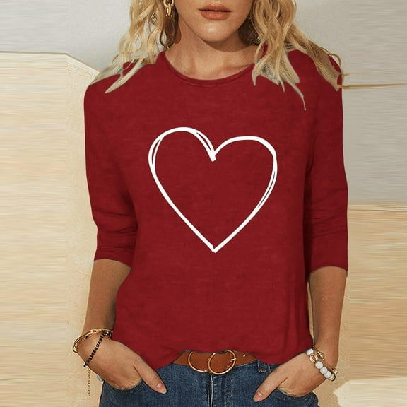 Goodtrade8 Womens Spring T-Shirts 3/4 Sleeve Valentine Pullover Plus Size Casual Summer Crew Neck Graphic Cute Tops for Women Fashion