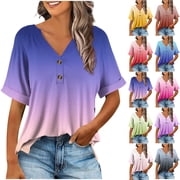 Goodtrade8 Womens Summer Fashionable And Comfortable Fashion Casual Button V-Neck T-shirt Loose And Elastic Non Positioning Graphicing