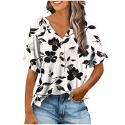 Goodtrade8 Womens Summer Fashionable And Comfortable Fashion Casual Button V-Neck T-shirt Loose And Elastic Non Positioning Graphicing