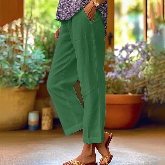 Goodtrade8 Womens Summer Pant Plus Size Cotton Elastic Waist Straight Leg Trendy Linen Pants for Women