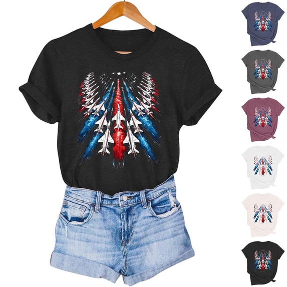 Goodtrade8 Womens Summer Shirts Short Sleeve USA Years Anniversary Pullover Independence Day Red White and Blue Graphic Casual Crew Neck Fashion Shirts for Women Patriotic
