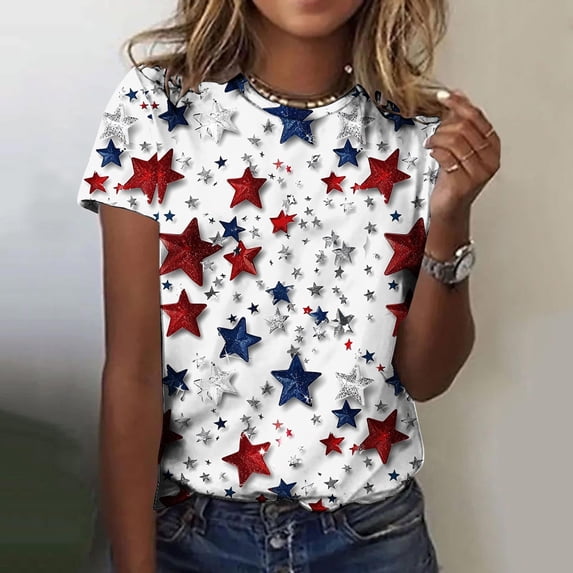 Goodtrade8 Womens Summer T Shirts American Flag Red White and Blue Pullover 4th of July Red White and Blue , Short Sleeve Plus Size Independence Day Graphic Fashion Tops for Women Casual
