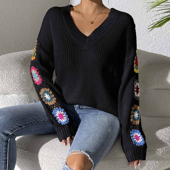 Goodtrade8 Womens Sweaters Embroidered Oversized Pullover Long Sleeve Casual Printed V-Neck Sweater Tops