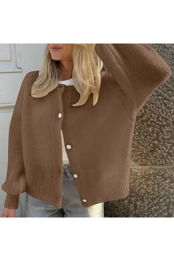 Womens Sweaters Knitted Button Cardigans Casual Long Sleeve Solid Color Crew Neck Sweater Women Top