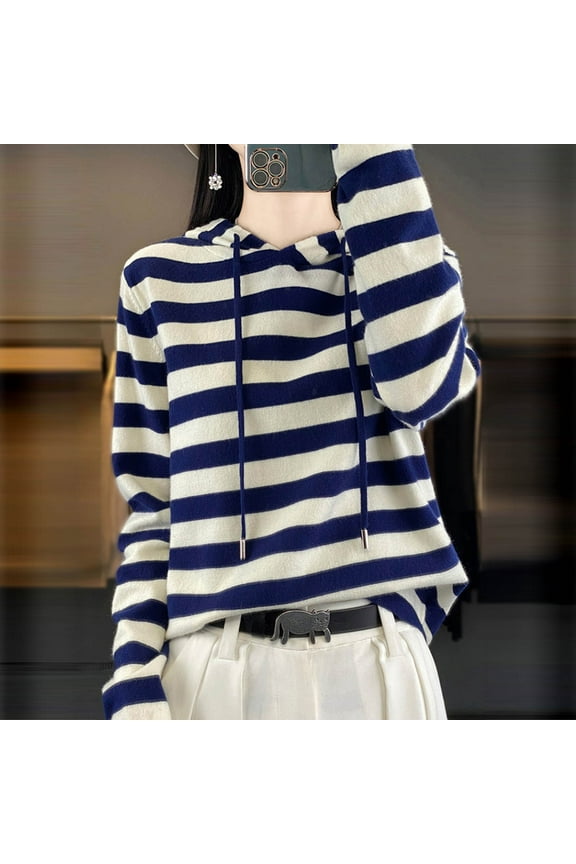 Womens Sweaters Lightweight Oversize Long Sleeve Hooded Striped Casual Sweater Women Top