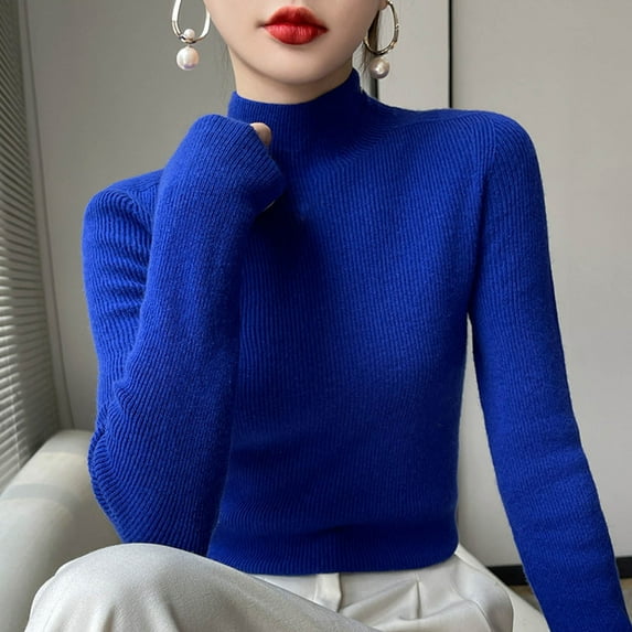 Goodtrade8 Womens Sweaters Pullover Warm Blue Solid Color Long Sleeve Casual Sweater Tops for Women