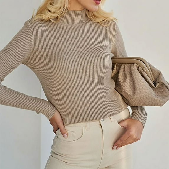 Goodtrade8 Womens Sweaters Pullover Warm Casual Long Sleeve Khaki Solid Color Sweater Tops for Women