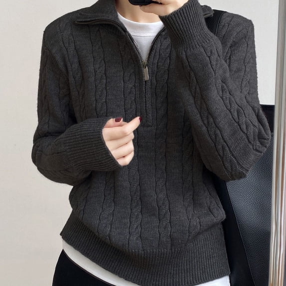 Goodtrade8 Womens Sweaters Zip up Knitted Long Sleeve V-Neck Casual Solid Color Sweater Women Top