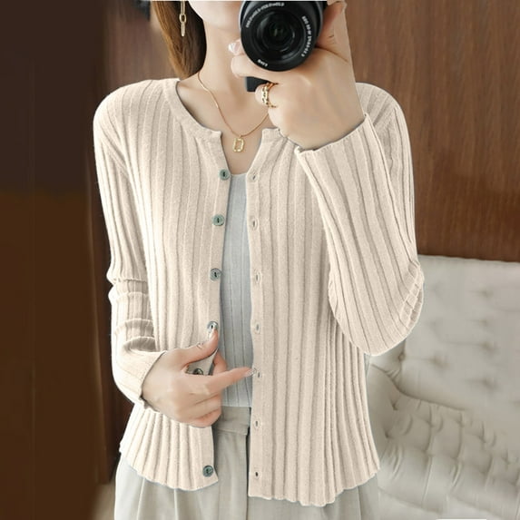Goodtrade8 Womens Sweaters and Cardigans Lightweight Cardigans Solid Color Crew Neck Long Sleeve Casual Sweater Tops for Women