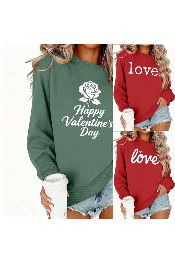 Valentine Long Sleeve Sweatshirts for Women Love Heart Gift Holiday Long Sleeve Ladies Valentines Day Tops Casual Crewneck Pullover