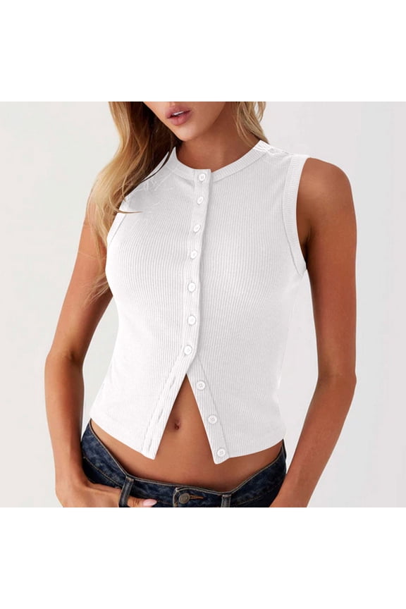 Womens Tank Tops Stretch Ribbed White Blouses Summer Slimming Fashion Button Down Shirts for Women
