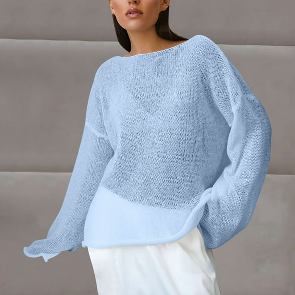 Goodtrade8 Womens Tops Fall Winter Casual Pullover Long Sleeve Solid Color Fashion Sky Blue Crew Neck Blouse for Women