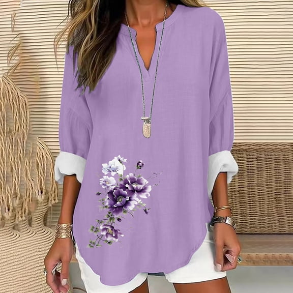 Goodtrade8 Womens Tops Plus Size Long Sleeve Multicolor Tunic V-Neck Casual Floral Oversized Shirts for Women