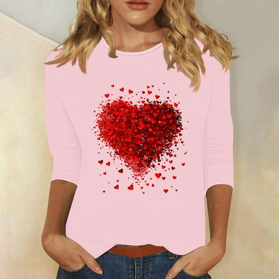 Goodtrade8 Womens Tops Plus Size Printed Hearts Pink Casual 3/4 Sleeve Crew Neck Oversized Shirts for Women