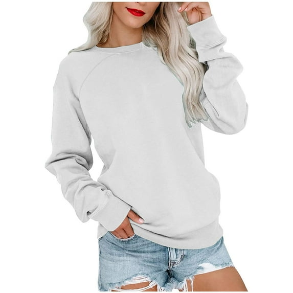 Goodtrade8 Womens Tops Pullover Trendy Ribbed Crew Neck Solid Color White Long Sleeve Fashion Blouse for Women Fall Winter