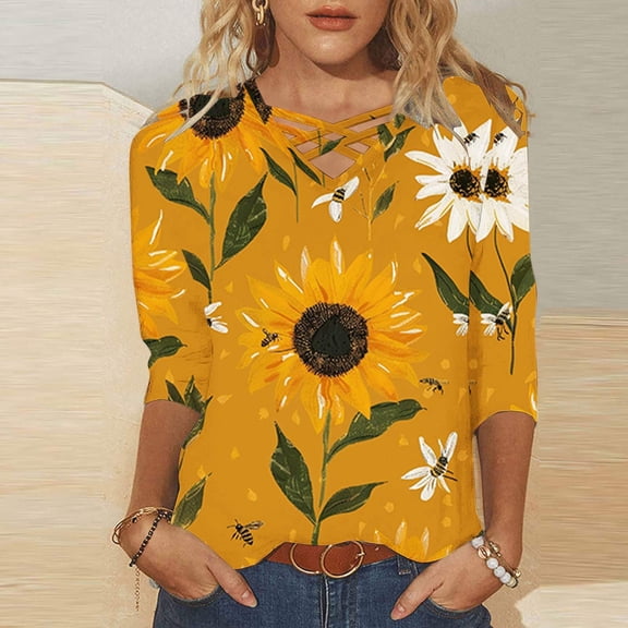 Goodtrade8 Womens Tops Yellow 3/4 Sleeve Plus Size V-Neck Casual Floral Shirts for Women Plus Size
