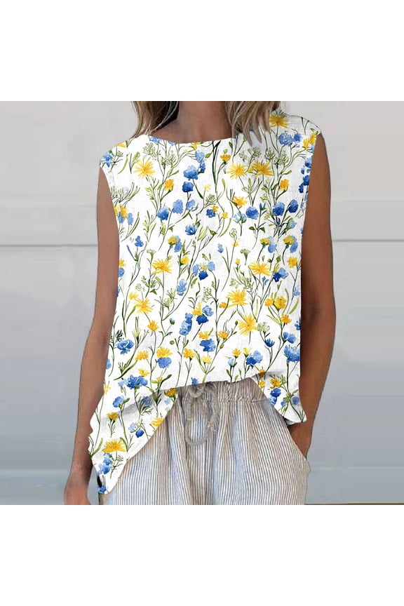 Womens Work Shirts Dressy Floral Print Pullover Casual Sleeveless Crew Neck,Summer Tank Tops for Women Lightweight