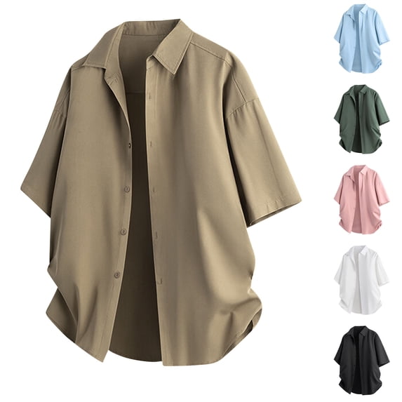 Goodtrade8 Work T-Shirts for Men Short Sleeve Summer Button Collared Lightweight Casual Dress Shirts Plain Outdoor Mens Shirts