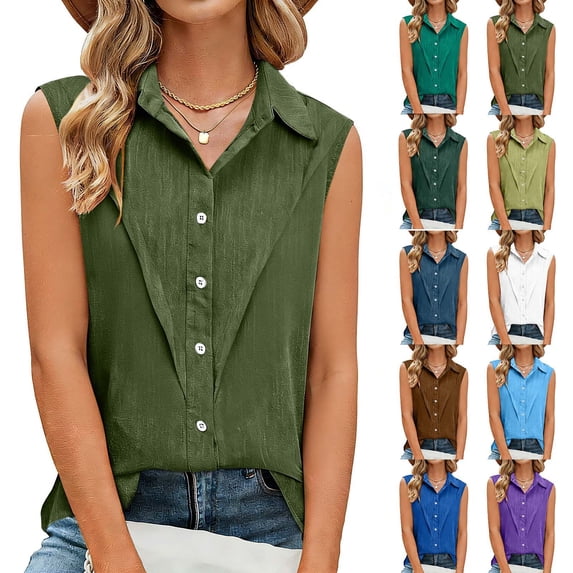 Goodtrade8 Work Tank Tops for Women Sleeveless Cotton Linen Button up Summer Plain Dressy Collared,Plus Size Womens Shirts Lightweight