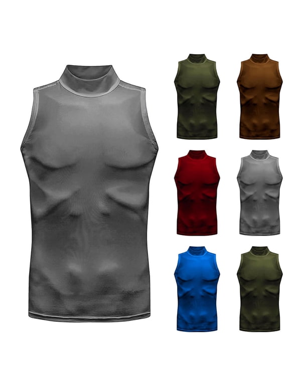 Workout Tank Tops for Men Muscle Summer T Shirts Sleeveless High Neck Casual Plain Lightweight Undershirts Mens Athletic Shirts Breathable