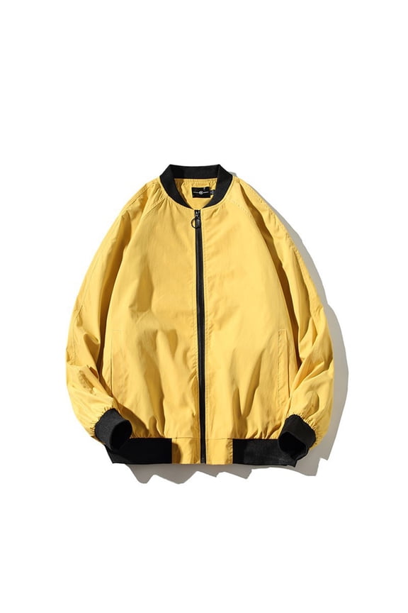 Zip up Mens Jackets Lightweight Casual Bomber Jacket Outdoor Pocket Yellow Plain Crew Neck Winter Coats for Men
