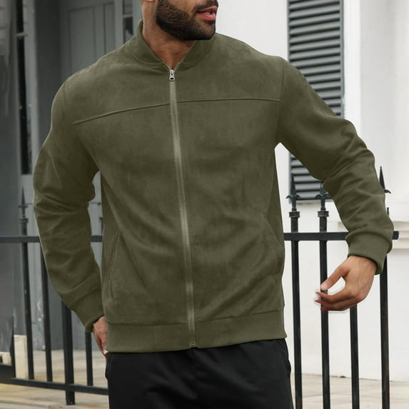 Goodtrade8 Zip up Mens Jackets Lightweight Casual Shirt Jacket Outdoor Crew Neck Pocket Plain Green Mens Coats Big and Tall