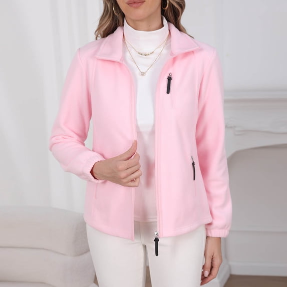 Goodtrade8 Zip up Womens Jacket Warm Fleece Jacket Pocket Casual Collared Long Sleeve Solid Color Women's Winter Tops