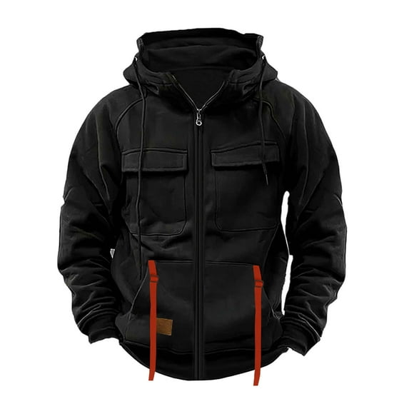 Goodtrade8 Zipper Jackets for Men Cargo Solid Color Outwear Hooded Warm Long Sleeve Winter Mens Coats Multi Pocket