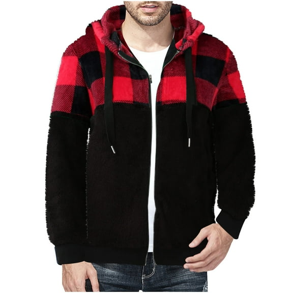 Goodtrade8 Zipper Jackets for Men Plaid Outwear Long Sleeve Big and Tall Fleece Pockets Mens Coats Fashion