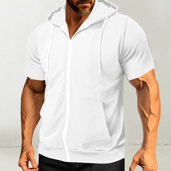 Goodtrade8 Zipper Shirts for Men Summer Short Sleeve Pullover with Pocket Hooded Mens T Shirts