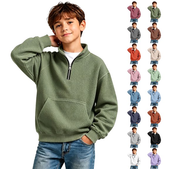 Goodw7 Boys Oversized Pullover Sweatshirt with Front Pocket, Waffle Knit Half Zip Stand Collar Long Sleeve Top, Loose Casual Wear for Daily Outings and Weekend Travel