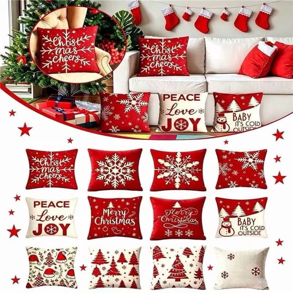 Goodw7 Christmas Festive Pillow Covers, Holiday Throw Pillowcase with Classic Red White Seasonal Decor, Cozy Textured Cushion Cover for Sofa Chair Family Room