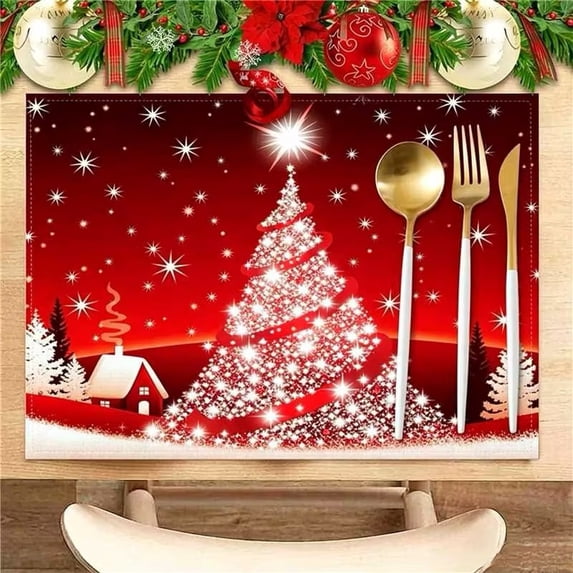 Goodw7 Christmas Placemats 4 Pack, Winter Xmas Holiday Table Mats with Seasonal Motifs, Durable Stain Resistant Woven Place Mats for Dining Room Home Decor Kitchen Table