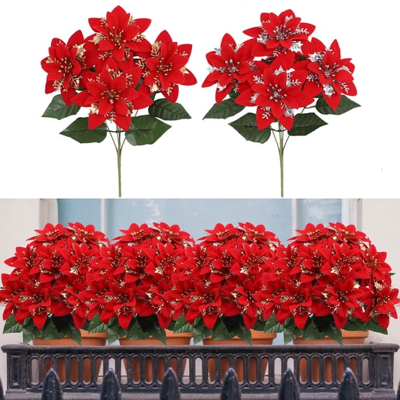 Goodw7 Glitter Poinsettia Christmas Floral Picks, Artificial Flowers with Shining Leaves for Tree Mantel Holiday Display, Realistic Winter Decorations for Indoor Home Use