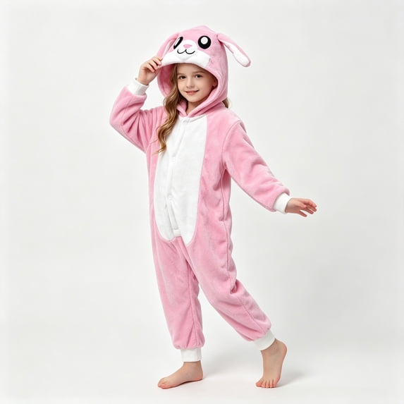 Goodw7 Hooded Fleece Romper Pajamas, Front Button Bunny Onesie with Soft Warm Coral Fleece and Elastic Cuffs for Party Photoshoot and Nightwear
