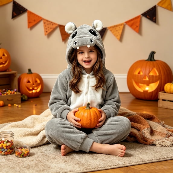 Goodw7 Hooded Onesie Pajamas, Cartoon Hippo Plush Fleece Costume with Button Front Closure and Elastic Cuffs, Soft Loungewear for Sleep and Play