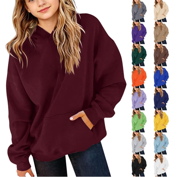 Goodw7 Kids Oversized Pullover Hoodie, Plain Hooded Sweatshirt with Kangaroo Pocket, No Drawstring Long Sleeve Cozy Casual Top for Boys Girls School Daily Wear
