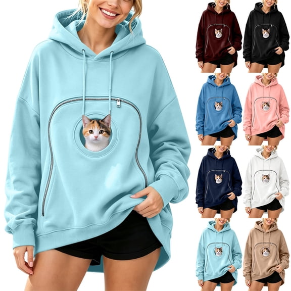 Goodw7 Oversized Cat Pouch Hoodie for Women, Cozy Fleece Pullover Sweatshirt with Kangaroo Pocket, Pet Carrier for Fall Winter Outings and Home Use