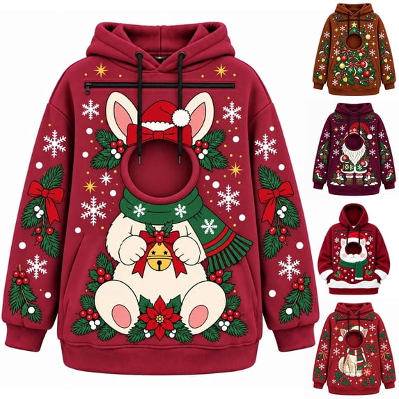 Goodw7 Oversized Christmas Dog Cat Carrier Hoodie for Women, Pet Pouch Sweatshirt with Cuddle Pocket, Casual Pullover for Holiday Photos and Cozy Evenings