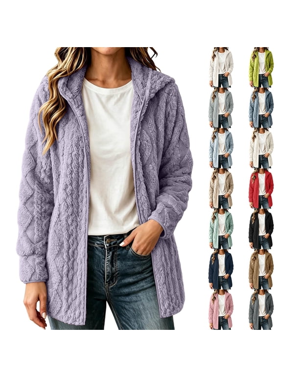 Women Hooded Fleece Jacket Soft Plush, Textured Full Zip Cardigan with Ribbed Cuffs, Lightweight Warm Coat for Errands Daily Outings