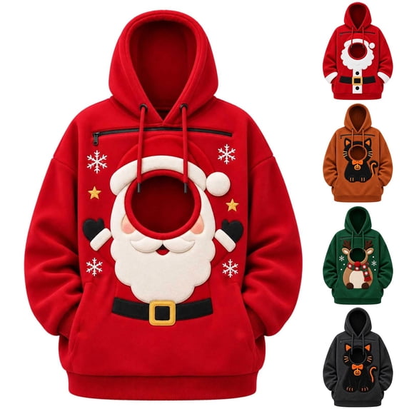 Goodw7 Women Hoodie Christmas Pet Pouch, Oversized Dog Cat Carrier Sweatshirt with Cuddle Pocket, Cozy Pullover for Lounging and Pet Walking