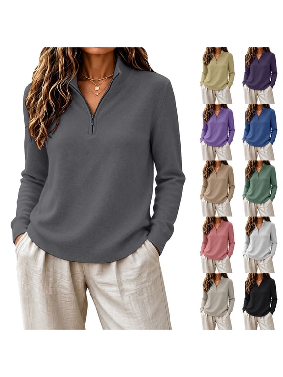 Womens Quarter Zip Sweatshirt, Collared Half Zip Long Sleeve Top, Fleece Lined Pullover with Zip Collar for Outdoor and Casual Wear