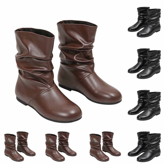 Goodw7 Womens Round Toe Flat Booties, Soft Leather Pull-on Short Boots with Relaxed Gathered Shaft, Comfortable Stable Shoes for Long Time Standing Walking